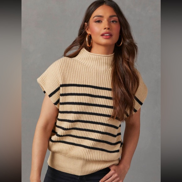 Tan & Black Striped Short Sleeve Ribbed Sweater Knit Top, High Collar - Picture 6 of 13